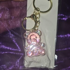 Iridescent Pink Teddy Bear Keychain with Gold Hardware